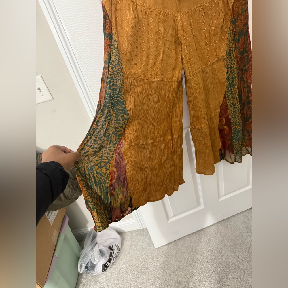 Young Threads Rustic Bohemian Side Paneled Patchwork Wide Leg Pants In Camel L - Picture 7 of 9